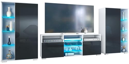 Vladon Wohnwand Davos, Anbauwand bestehend aus 2 Vitrinen und 1 TV-Board, Weiß matt/Schwarz Hochglanz inkl. LED-Beleuchtung (329 x 134 x 35 cm) Vladon Wohnwand Davos, Anbauwand bestehend aus 2 Vitrinen und 1 TV-Board, Weiß matt/Schwarz Hochglanz inkl. LED-Beleuchtung (329 x 134 x 35 cm)