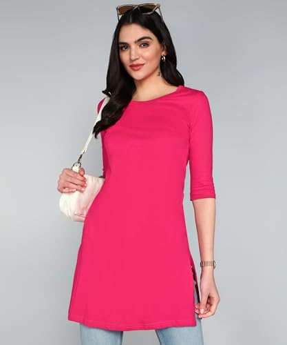 Image of FLEXIMAA Women's Cotton Plain Round Neck 3 /4 Sleeve Long Top