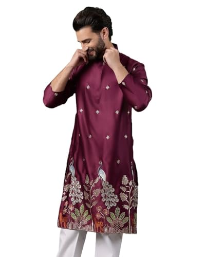 Image of SOJANYA (Since 1958 Men's Cotton Silk Flora & Fauna Embroidered Long Kurta