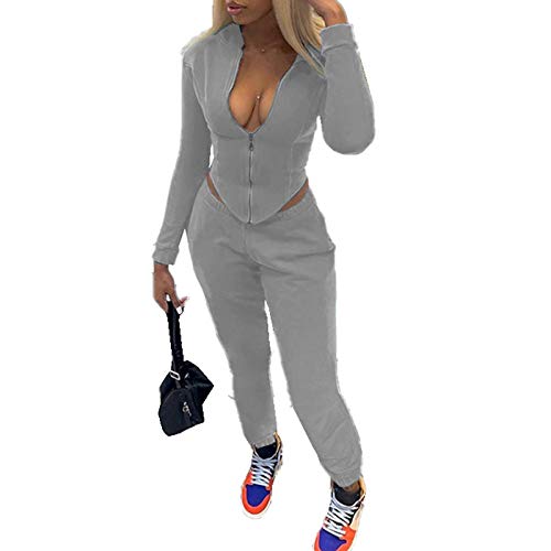 Women Sexy 2 Piece Outfits Sweatsuit Long Sleeve Crop Top Jacket Sweatpants Tracksuit Jogger Set Gray 2X