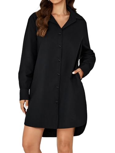 Image of Vrtige Women's Casual Collar V Neck Button Down Long Sleeve Tunic Mini Short Shirt Dress with Pockets Black Large