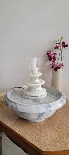 Image of RM White Marble Indoor Water Fountain 15 Inch - Luxury Tabletop Vastu Fountain with Pump for Home Office Meditation Decor | Decorative Water Feature for Living Room Calm Ambience