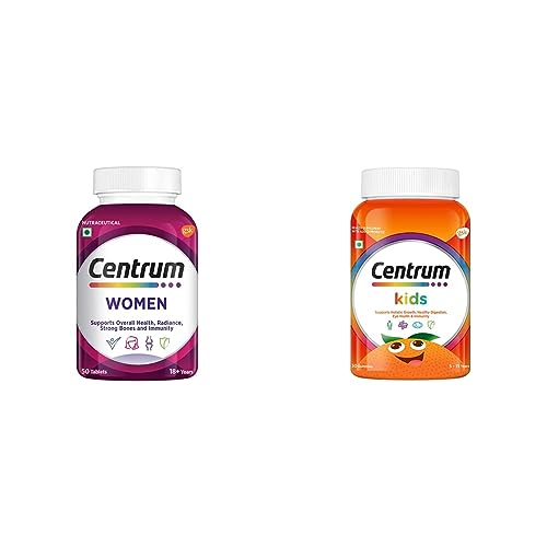 Image of Centrum Women, Multivitamin with Biotin, Vitamin C & 21 vital Nutrients (Veg) Pack of 50 tablets & Centrum Kids, Multivitamin with Probiotics, Vitamin C & 11 other nutrients(Veg)- 30 Gummies