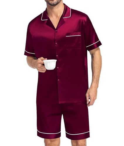 SWOMOG Couple Matching Pajamas Satin Pj Women'S Loungewear Mens Sleepwear Button Up Sleep Shorts Summer Lounge Sets Dark Wine Red4