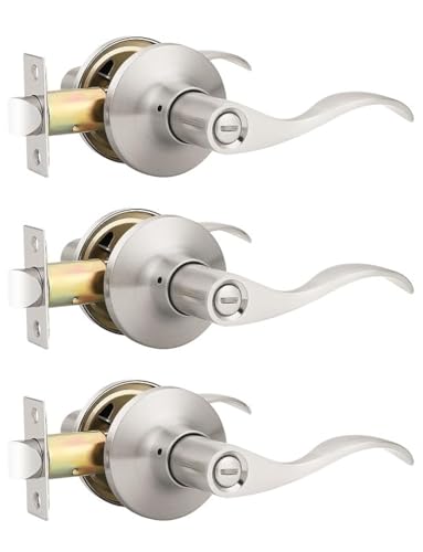 Image of Mengico 3 Pack Satin Nickel Privacy Door Lever, Modern Interior Door Knobs Locks for Bedroom and Bathroom, Heavy Duty Door Handle, Reversible Wave Lever Handle