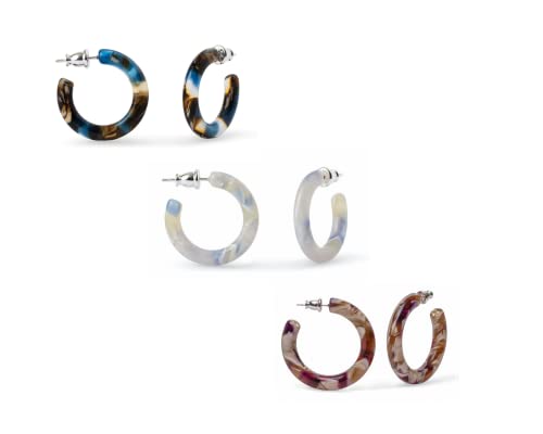 Floral Resin Hoop Earring Set For Women Tortoise Shell Italian Acetate Nickel Free 925 Sterling Silver Posts Valentine's Mother's Day 3 Pack Gift (Fun and Floral)
