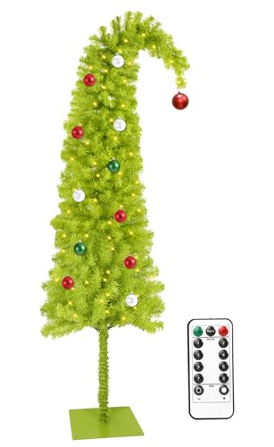 HMASYO 5ft Whimsical Artificial Christmas Tree with 150 LED Timer Lights Lime Green Bendable Christmas Tree with Ball Ornaments & Metal Base Holiday Decor for Home Office Party Easy Assembly