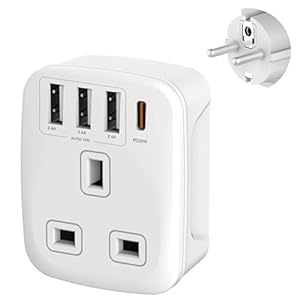 Double Dragon 20W Fast Charging 5-in-1 UK to EU Travel Adapter | 3 USB-A & 1 USB-C Ports | Converts UK 3 PIN Plug to European 2 PIN Plug in Spain, France, Portugal, Germany, Greece, Italy, Sweden, etc