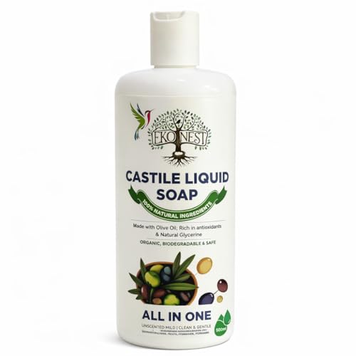 Organic Pure Castile Liquid Soap - 100% Natural Made with Organic Oils 18-in-1 Uses: Face Body Hair Laundry Pets and Dishes Concentrated Vegan Non-GMO Non Toxic - 500ML unscented soap