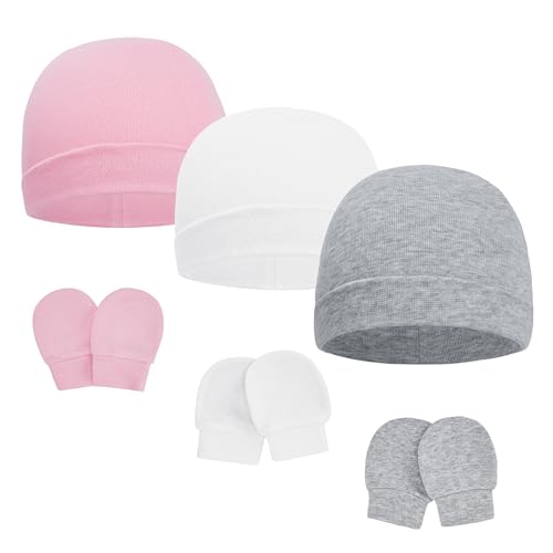 Image of American Trends Baby Beanies for Boys Girls Newborn Infant Hat with Mittens Cute Cotton Hospital Hats for 0-6 Months