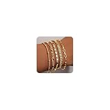 Gokeey Gold Bracelets for Women Trendy 14K Real Gold Jewelry Sets Stack Dainty Stackable Paperclip Cuban Figaro Chain Bracelets Pack Layered Link Chain Bracelet for Women Cute 5pcs Adjustable