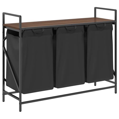Panier à linge 3 compartiments marron aspect chêne et étagère de tri