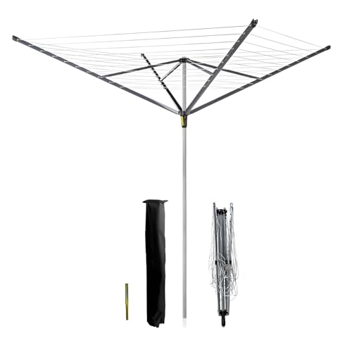 SterlingEdge 4 Arm 60M Rotary Airer Washing Line Outdoor Garden Laundry Drying Clothes Heavy Duty Folding Airer Umbrella Design Dryer with Ground Spike & Cover