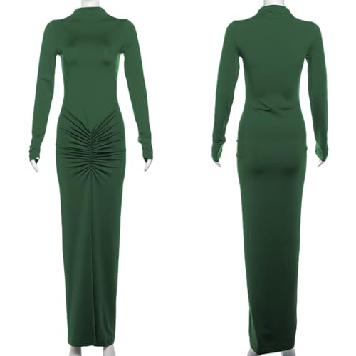 Image of Women's Sexy Turtleneck Long Sleeve Maxi Dress Elegant Ruched Bodycon Long Dress Casual Party Dresses
