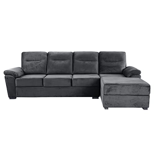 Image of Wakefit 3 Seater Sofa Chaise, Stone Grey, Velvet, L-Shape, Tufted Back & Seat, 3 Year Warranty, 190cm L x 94cm W x 95cm H