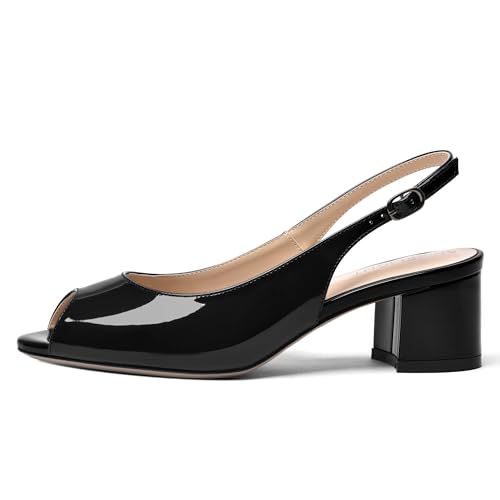 AMBELIGHT Womens Buckle Dating Slingback Patent Peep Toe Casual Chunky Low Heel Pumps Shoes 2 Inch2