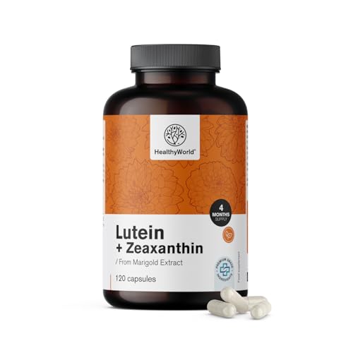 HealthyWorld® Lutein + Zeaxanthin - 120 pflanzliche Kapseln – 2 natürliche Carotinoide - 32 mg Lutein und 2 mg Zeaxanthin pro Tagesdosis - für 2-4 Monate - Unterstützung für Sehkraft und Augen HealthyWorld® Lutein + Zeaxanthin - 120 pflanzliche Kapseln – 2 natürliche Carotinoide - 32 mg Lutein und 2 mg Zeaxanthin pro Tagesdosis - für 2-4 Monate - Unterstützung für Sehkraft und Augen