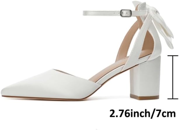 RIBONGZ Wedding Bridal Shoes for Women Chunky Block Heel Pumps Closed Pointed Toe Heels with Elegant Bow Knot Comfort Evening Party Prom Office Shoes - Image 2