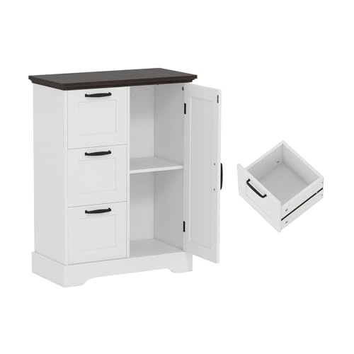 KOMFOTTEU Buffet de Cuisine, 3 Tiroir & Armoire à Portes, Meuble Rangement, Loquet magnétique pour Porte, Buffet Bas, Kit Anti-basculement, pour Salon, Salle à...