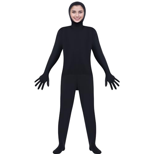 Stretch Bodysuit Costume Open Face Full Body for Unisex Men Women Halloween Cosplay Outfits Carnival (Black 120-135cm/3.9-4.4ft)