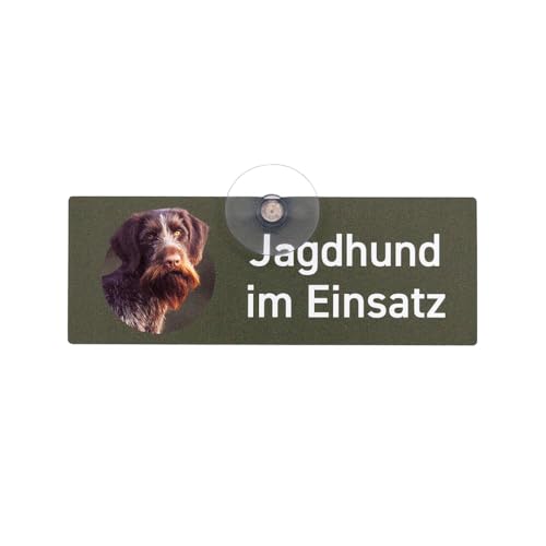 DEUTSCH DRAHTHAAR DD - Schild mit Saugnapf 'Jagdhund im Einsatz' für die Autoscheibe aus Aluverbund, UV- & Witterungsbständig, formstabil, 18 x 6.5 cm - MADE IN GERMANY