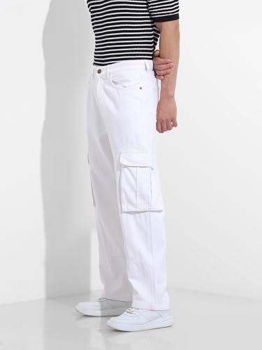 Image of The Indian Garage Co Men Relaxed Fit Solid Mid-Rise Cargo Denim