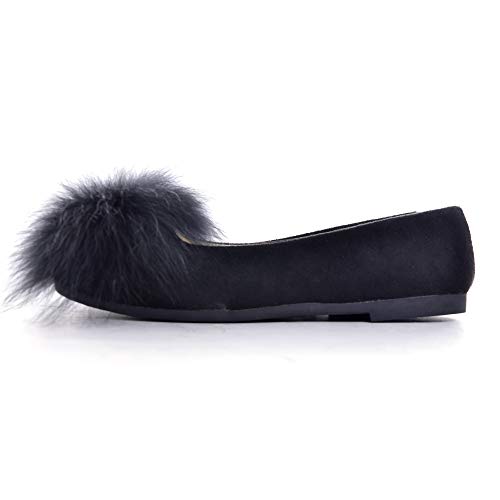 Hee Grand Women Pom Pom Causal Flats -Solid Slip On Shallow Comfortable Ballet Shoes,Black #TOP4