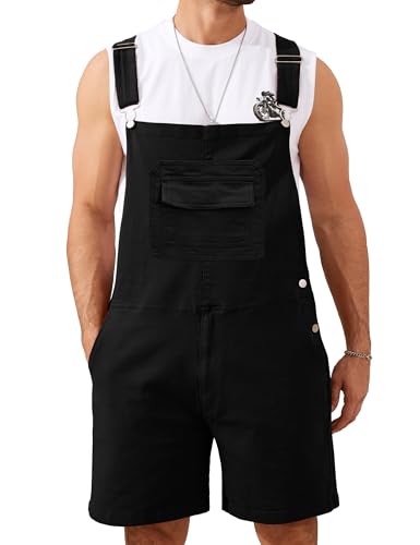 LuckyFeb Overalls for Men Shorts Summer Romper Stretchy Jumpsuits Work Bibs Coveralls Overol Para Hombre(Black Overalls M)