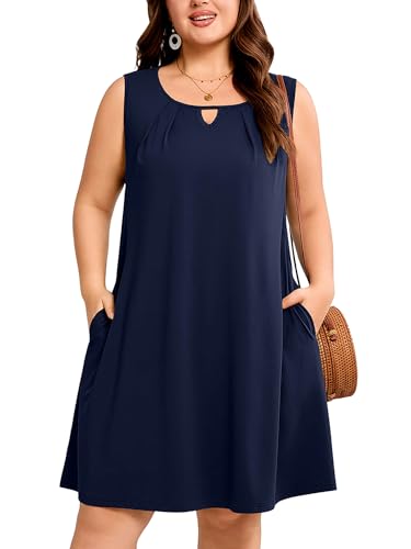 AusLook Plus Size Summer Midi Dress for Women Sleeveless Casual A Line Swing Navy Blue 3X Dress with Pockets Keyhole Neck Solid Color Vacation Beach Travel Dress