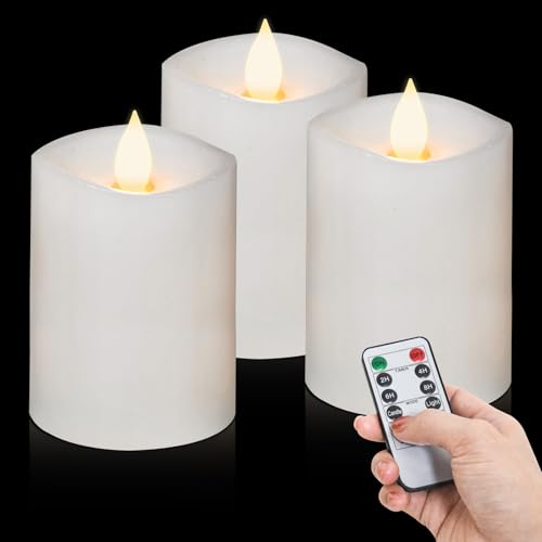 Image of 3x4 Flickering Flameless Candles Set of 3,Real Wax Pillar LED Battery Candles,with Timer,4 inch Flameless Candles with Remote,for Holiday Home Decor,White