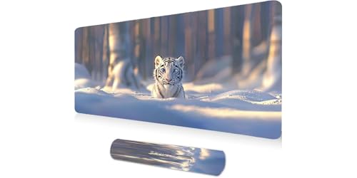 Mouse pad gamer XXL bords cousus motif tigre blanc pour une glisse fluide et précise