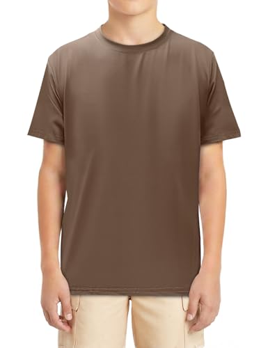 Humordream Boys Kids Shirts Dry Fit Athletic Short Sleeve T Shirts for Boys Crewneck Basic Sports Top Clothes Brown
