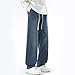 Sinzelimin Men's Jeans Pants Fashion Solid Color Drawstring Elastic Waist Loose Comfy Wide Leg Trouser Denim Sweatpant Navy Large
