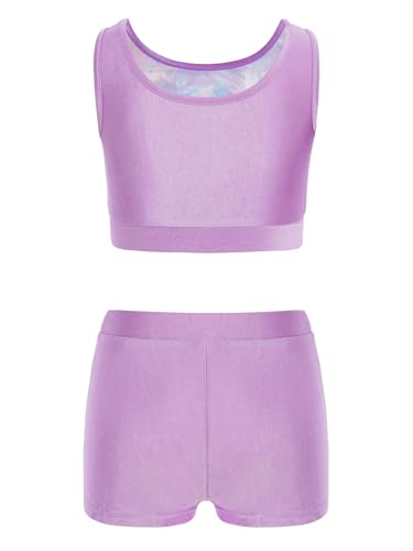 Girls Gymnastics Dance 2 Piece Shiny Metallic Set Crop Tank Top And Booty Shorts for Tennis Sports Lavender 14 Years2