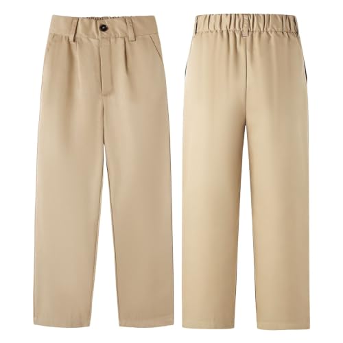 Image of HILEELANG Boys Chino Pants School Dress Pants Straight Leg with Pockets | Cotton Blend Fabric, Elastic Back Waist, Classic Chino Style, Side Pockets, Perfect for School Uniforms and Everyday Wear