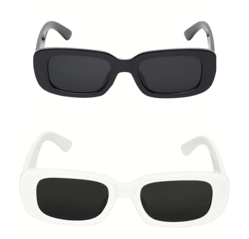Image of Retro Rectangle Sunglasses for Women & Men | UV400 Protection | Trendy Thick Frame Fashion Eyewear | Lightweight Casual Shades | Black & White Combo Pack