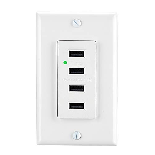 LEOD 4.2A Output High Speed 4 USB Port Charger Wall Outlet and LED Green Indicator Light with 2 TypesWall Plates(standard and screwless included), USB outlet with 4 usb port, White,UL Listed[1 PACK]
