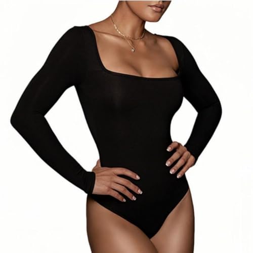 Sukiglam Women's Bodysuits Long Sleeve Square Neck Body Suits Sexy Ladies Low Cut Thong Bodysuit Top Stretchy Slim Fit Leotards Tops Basic T Shirt Blouse Casual Going Out Outfit