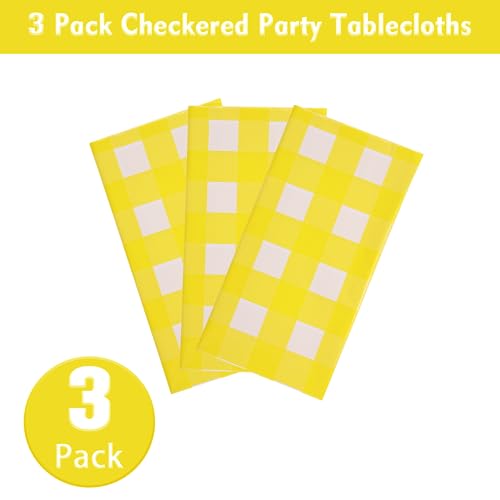 Image of Kesfey 3 Packs Yellow Gingham Tablecloth 54 x 108 Inches Yellow and White Checkered Table Cloths Disposable Plastic Gingham Tablecovers Waterproof Rectangle Picnic Plaid Table Cover for Camping Party