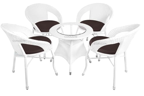 Image of Rattan Wicker Garden Patio Seating Chair and Table Set for Outdoor Balcony Garden Coffee Table Set Furniture with 1 Table and 4 Chairs with Brown Cushion (White)