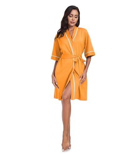 Image of ANLIQI Womens 100% Cotton Robes Lightweight Summer Short Sleeve Lady Bathrobe Knee Length Kimono Robe Sleepwear with Pockets