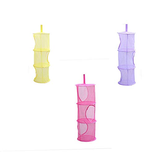 DadaAA Cesta de malla colgante de almacenamiento de juguetes de 3 niveles para ahorrar espacio organizador para armario, baño, pequeños juguetes de peluche (paquete de 3) (morado, rojo y amarillo) Cover
