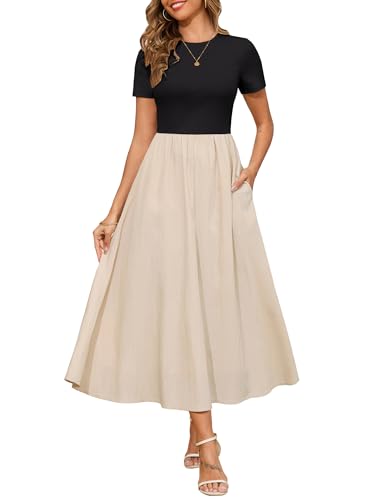 Annebouti Womens 2025 Summer Spring Maxi Dress Trendy Elegant Short Sleeve Cotton Top Casual Long Dress with Pockets