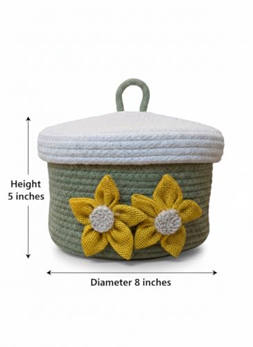 Image of Round Cotton Storage With Lid Gift Basket for Closet Wardrobe Packing, Desk Organizer, Eco- Friendly Bins (Olive and White) for Home, Office with Handcrafted Jute Flowers. (Olive and White)