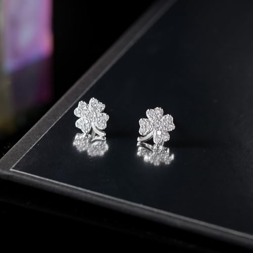 Reffeer Solid 925 Sterling Silver CZ Four Leaf Clover Earrings Stud for Women Teens Sparkle Leaf Stud Earrings3