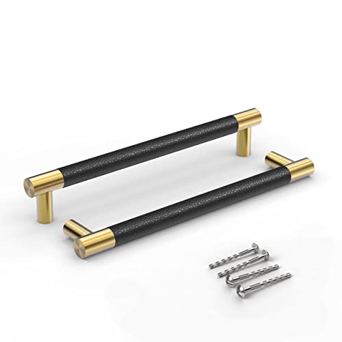 Bar Cabinet Handle Knob Pull Brushed Satin Gold/Brass Finish with Upholstered Black Leather 8.5