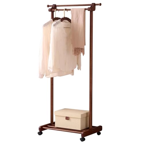 Perchero de madera maciza de doble barra con ruedas, colgador de ropa independiente con estantes, organizador de ropa para el hogar, 60 x 44 x 155 cm, soporte de ropa resistente