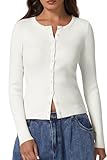 QINSEN Womens Lightweight Button Down Cardigan Sweaters Open Front Long Sleeve Crew Neck Knit Top Beige M