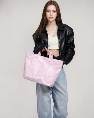 Image of PVC Tote Bag Gifts for Women Large Tote Purse Kraft Paper Letter Print Hobo Handbags for Work Beach Shopping Travel