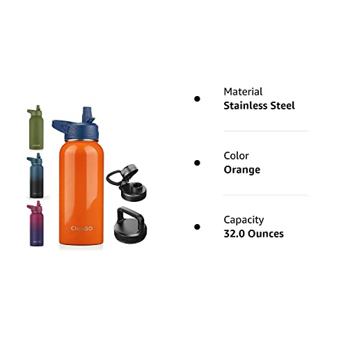 Civago 32 Oz Insulated Water Bottle With Straw, Stainless Steel Sports Water Cup Flask With 3 Lids (Straw, Spout And Handle Lid), Wide Mouth Travel Thermo Mug, Orange #TOP6